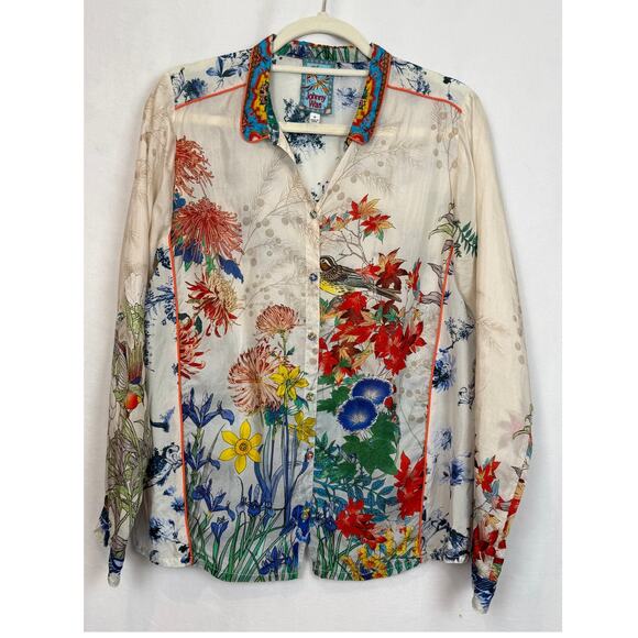Johnny Was Tops - Johnny Was 100% Silk Botanical Blouse M Button Front Bird Floral Piped Collar
